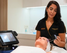 esth&eacute;ticienne pr&eacute;parant un soin Morpheus 8 sur le visage d'une cliente en institut
